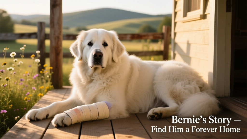 Bernie resting comfortably during early recovery, wearing a soft bandage on his front leg