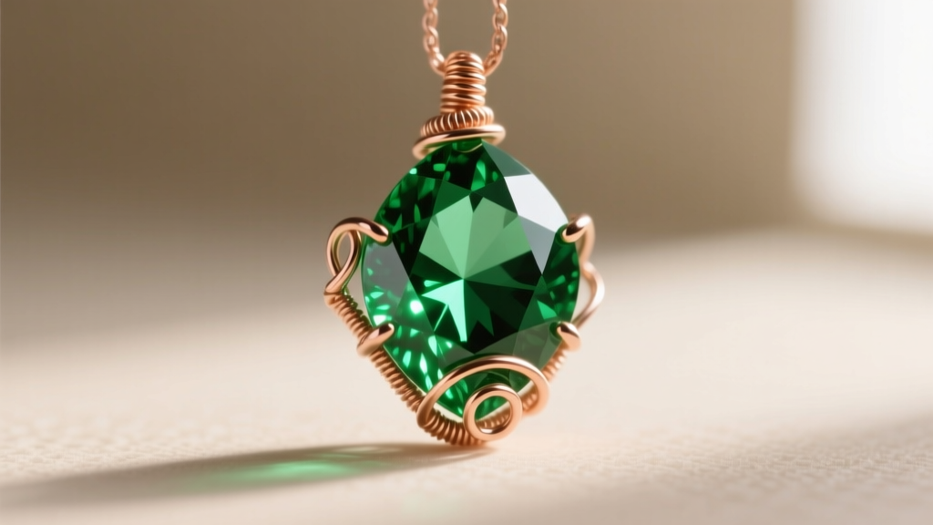 Macro photo of a top-drilled faceted green tourmaline briolette gemstone with intricate 22-gauge rose gold wire wrapping details