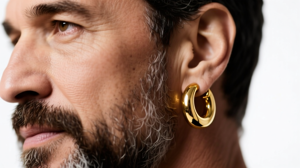 Close-up of a bearded man wearing a thick 14k gold 14-gauge hoop earring, studio lighting highlighting the metal texture.