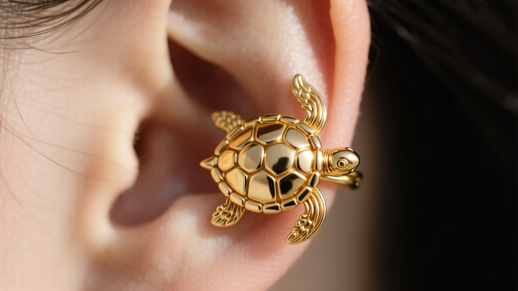 Side view of a 14-gauge gold vermeil turtle shell ear cuff highlighting the thick wire and secure tension fit on ear cartilage.