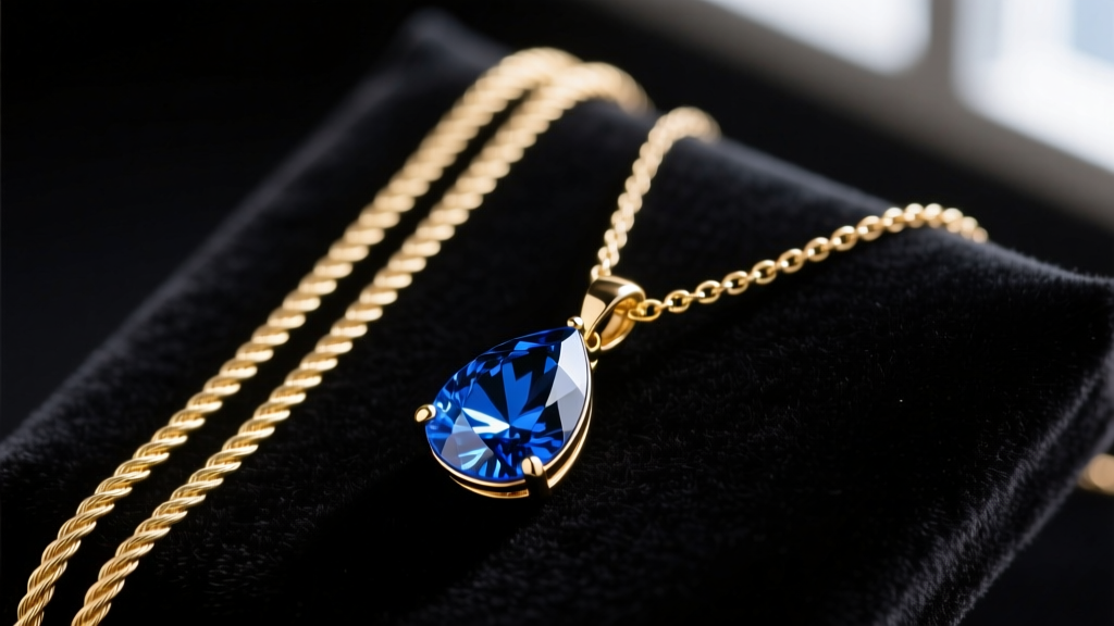 Close-up of a bare 14k gold cable chain resting next to a chain holding a teardrop sapphire pendant on a dark velvet jewelry pad