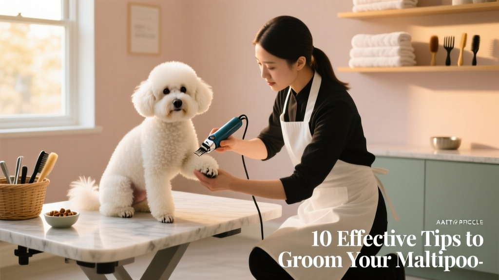 Maltipoo sitting calmly on a grooming table with a professional groomer holding clippers near its hind leg