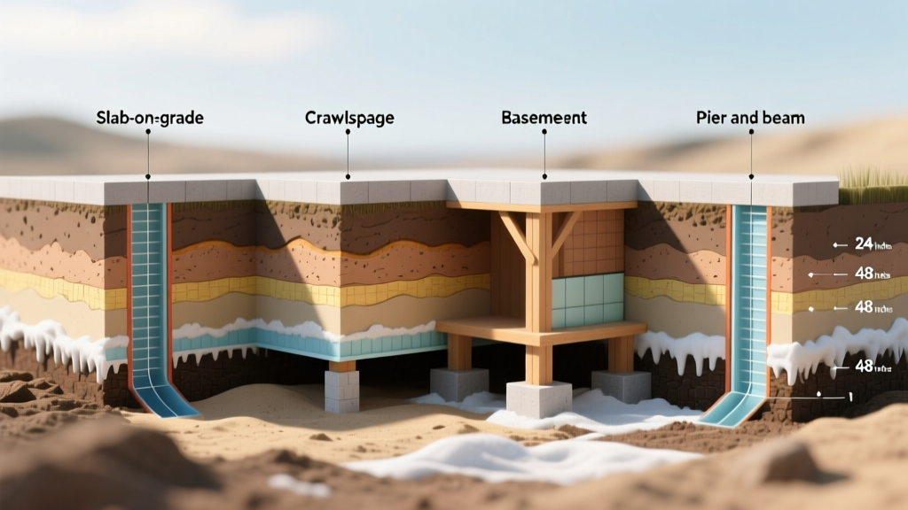 Cross-section of four foundation types: slab, crawlspace, basement, and pier-and-beam adapted to regional soil types and frost depths.