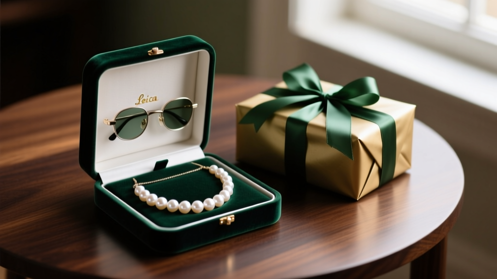 Open velvet box showing a pearl magnetic glasses holder necklace, resting beside a wrapped holiday gift on a dark oak wood table.