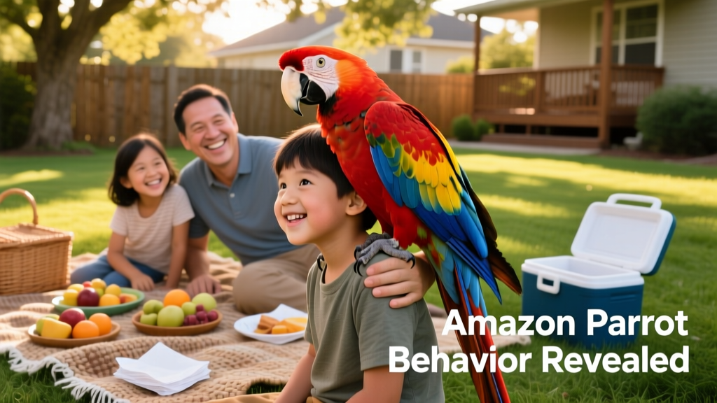 A family smiling as an Amazon parrot sits comfortably on a child's shoulder during a backyard picnic