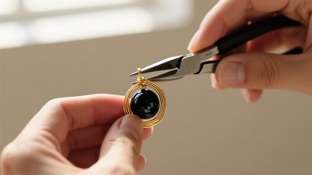 Jeweler hands using nylon pliers to wrap 24-gauge gold-filled wire around a glossy black glass bead for custom earring assembly