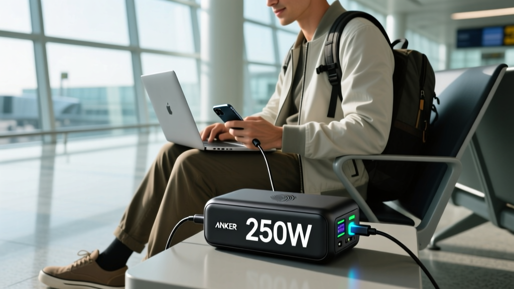 Traveler at an airport gate plugging a laptop and smartphone into an Anker Prime 27650mAh power bank displaying 250W total output on its smart screen