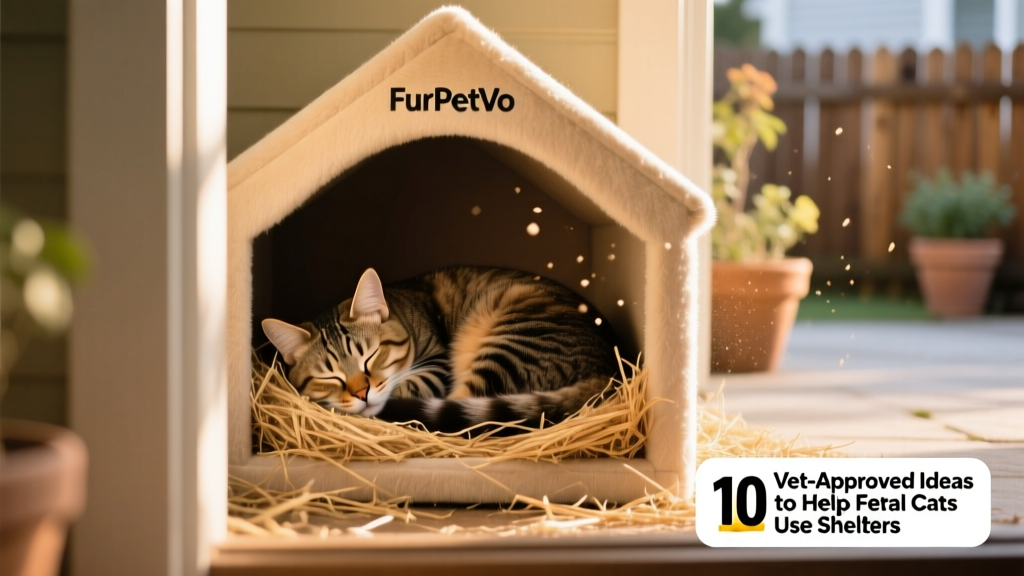 A calm feral cat curled up asleep inside a FurPetVo shelter, visible through the entrance opening, with straw bedding and soft lighting