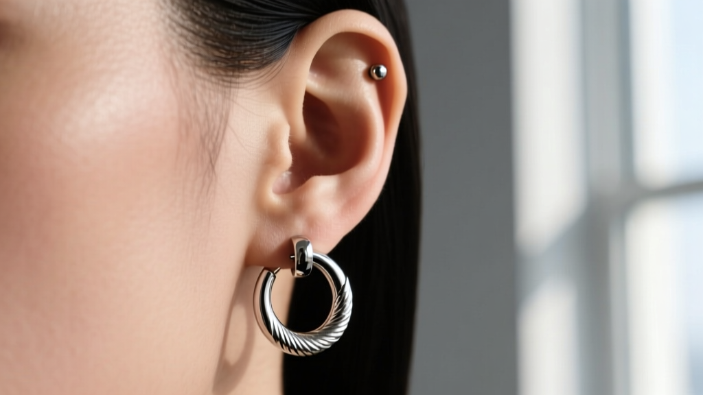 Side profile of a curated ear featuring a Vivienne Westwood orb huggie in the helix and a small titanium stud in the upper lobe.