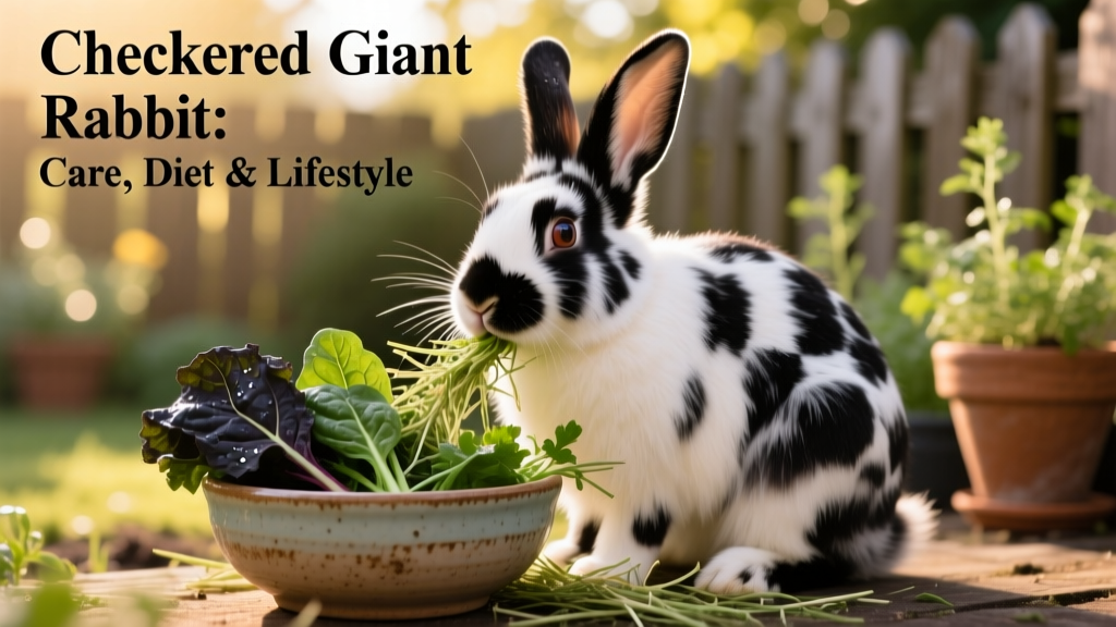 A Checkered Giant rabbit nibbling fresh timothy hay and dark leafy greens from a ceramic bowl