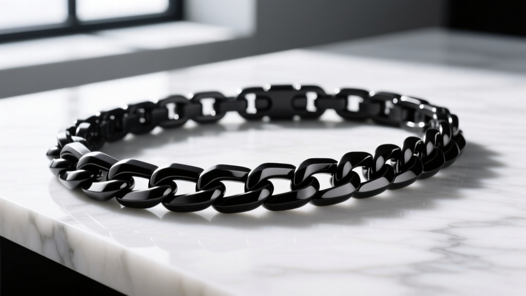 Macro shot of a black PVD-coated titanium Cuban link chain resting on white marble, highlighting the dark metallic luster and crisp edges.