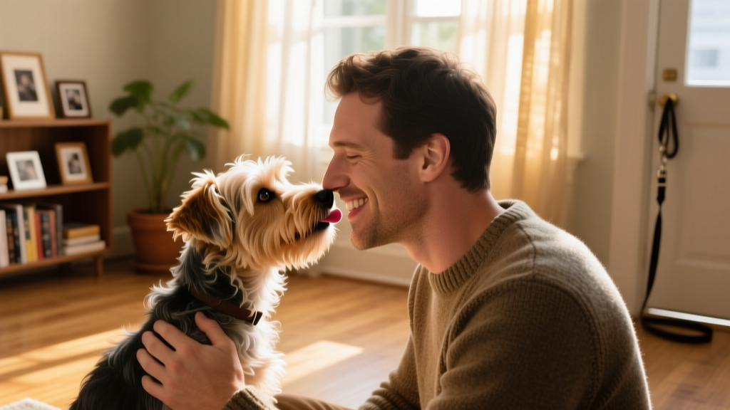 Terrier gently licking a man’s nose during a warm, affectionate moment at home
