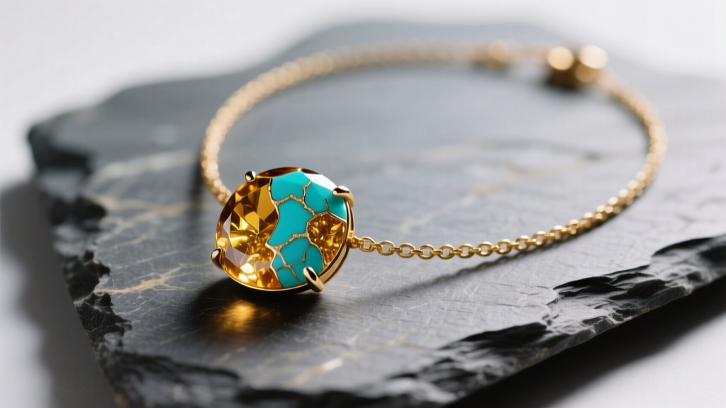 Macro shot of amber and turquoise necklace on slate highlighting golden inclusions and blue matrix veins under soft studio lighting