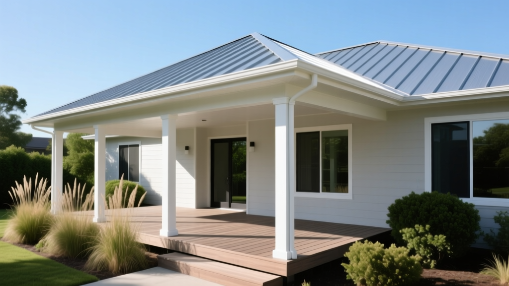 Architectural rendering of a 200 square foot covered front porch with standing seam metal roofing, composite decking, and white PVC columns