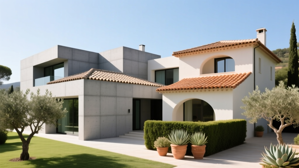 Modern home with interlocking gray concrete roof tiles beside a villa featuring curved terracotta clay tiles under bright sunlight
