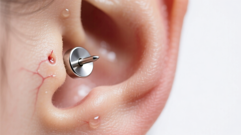 Macro shot of a freshly pierced earlobe wearing an 18-gauge implant-grade titanium flat back stud, under soft clinical lighting.
