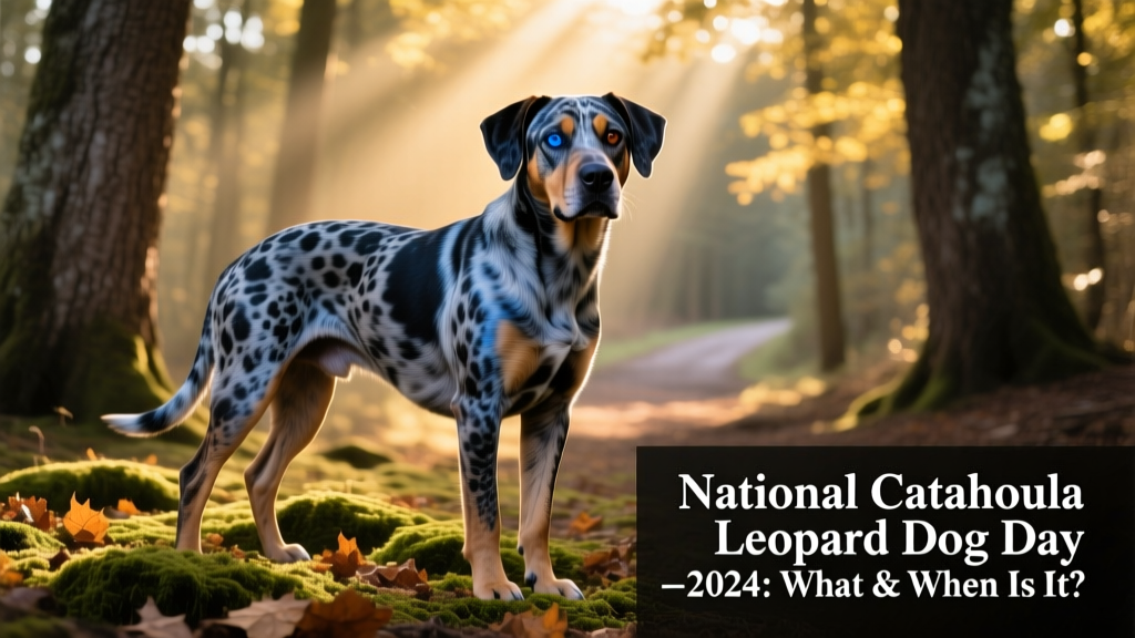A sleek, muscular Catahoula Leopard Dog with striking merle coat and vivid blue-and-brown eyes standing confidently in a sun-dappled forest clearing