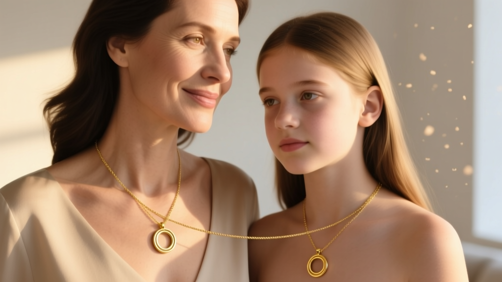 Elegant close-up of a mother and teenage daughter wearing interlocking 14k solid gold circle pendants on delicate cable chains.