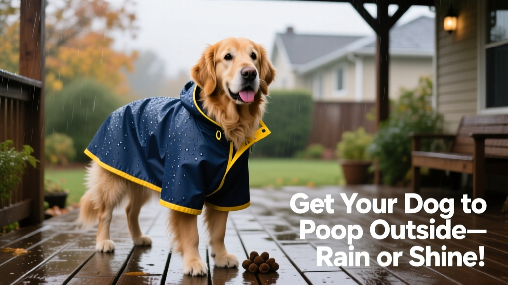 A dog wearing a cozy raincoat standing on a covered patio during light rain, looking relaxed and ready to go potty