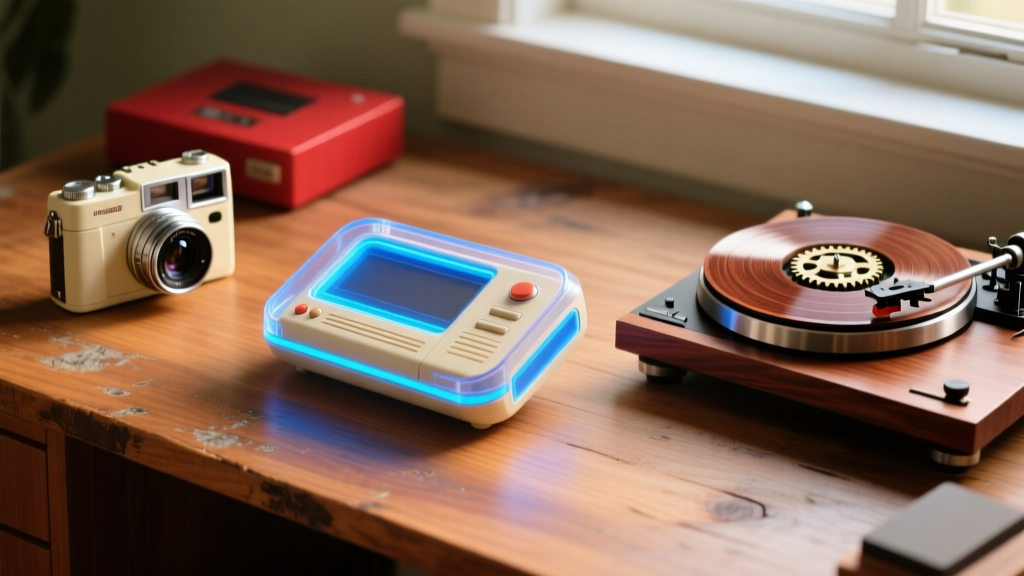 A curated flat-lay of vintage-inspired tech including a translucent retro handheld, an instant camera, and a belt-drive turntable on a wooden desk.