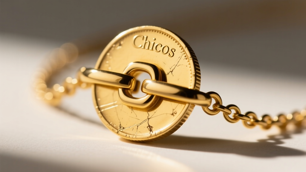 Close-up of a Chicos coin necklace clasp showing gold plating wear, revealing the yellow brass base metal beneath the surface.