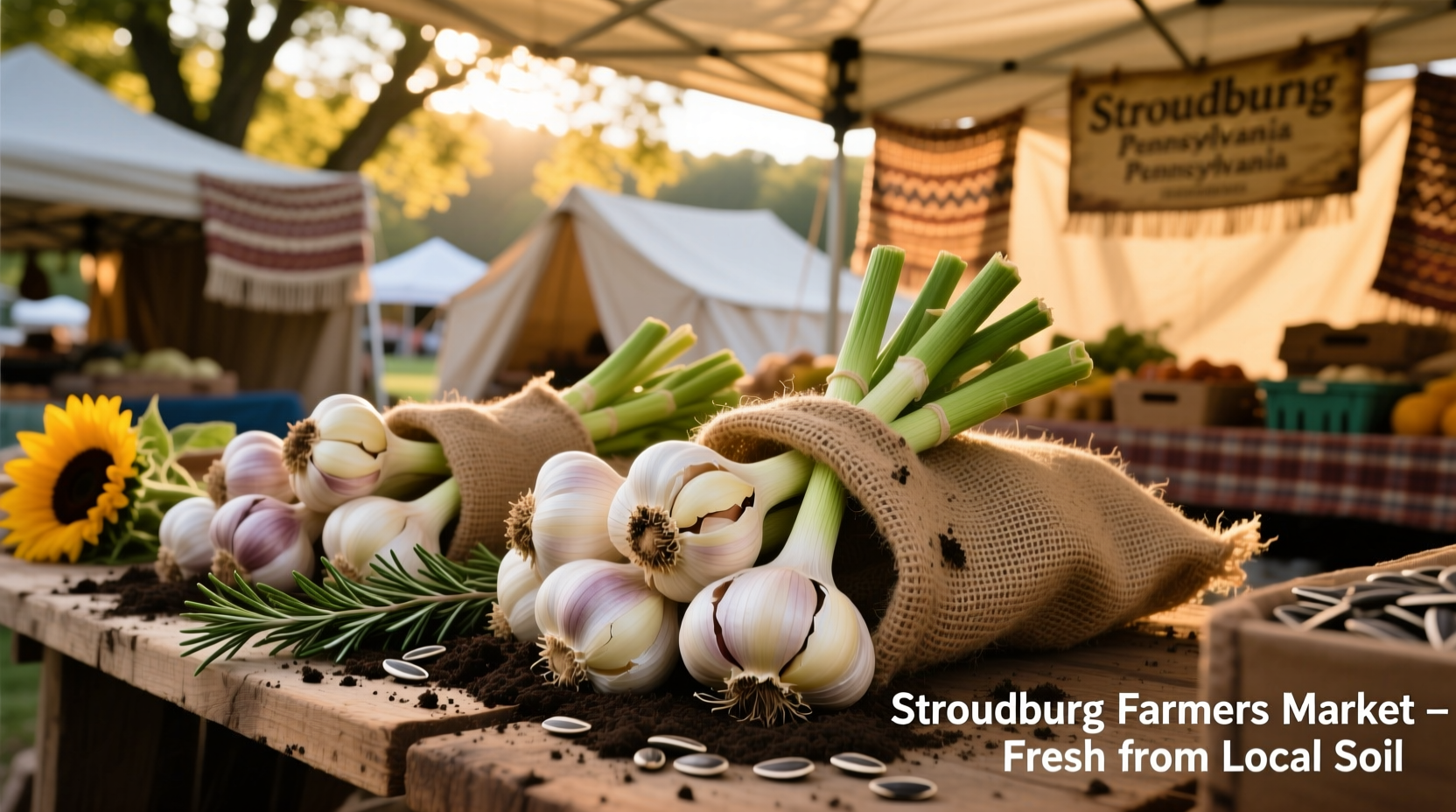 Freshly harvested garlic bulbs at a Stroudsburg farmers market