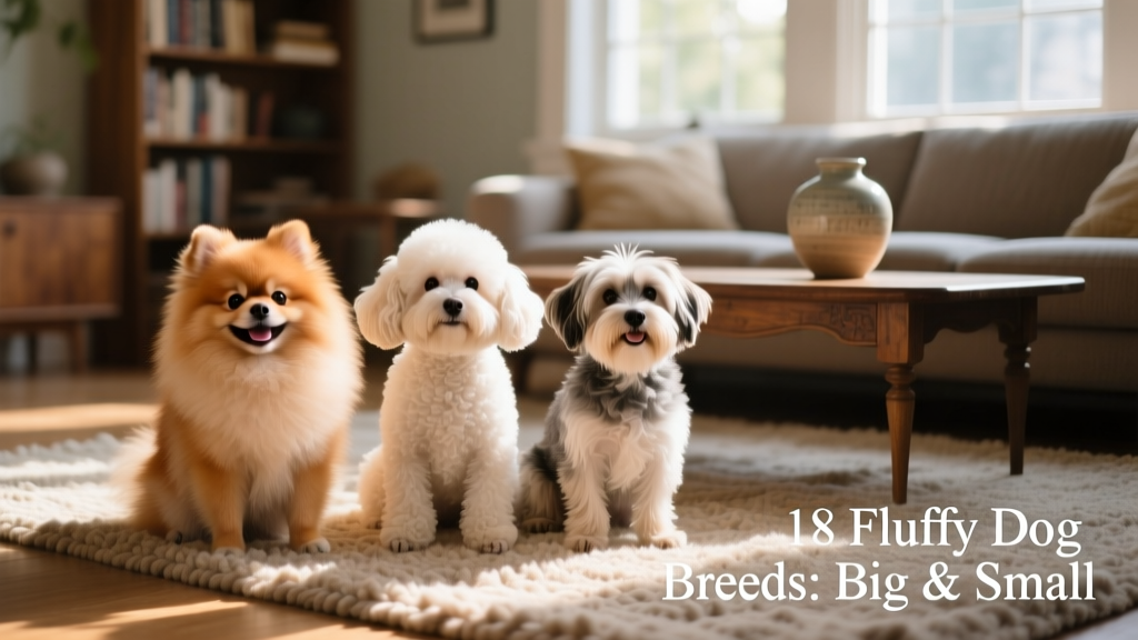 A group of small fluffy dogs including a Pomeranian, Bichon Frise, and Havanese sitting together on a sunlit rug