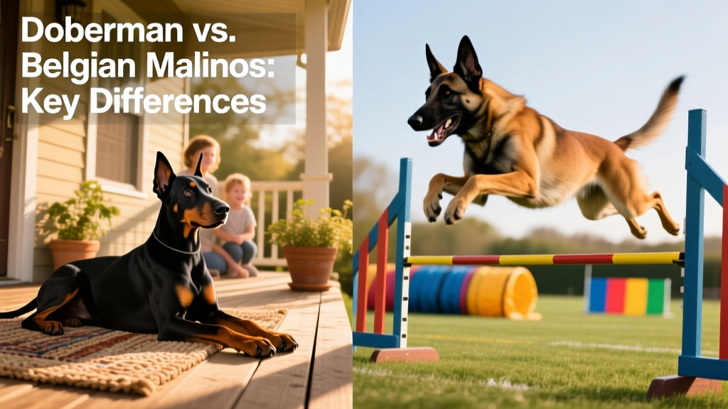 A Doberman resting calmly beside a family on a porch versus a Belgian Malinois actively engaged in agility training