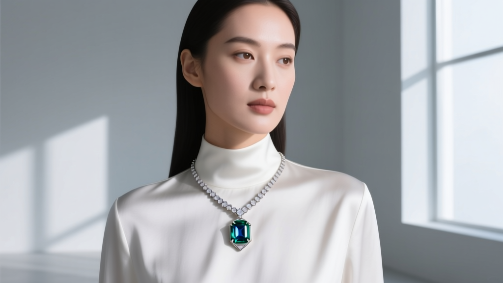 Woman wearing a bezel-set emerald cut sapphire necklace with a white silk blouse, the pendant resting elegantly on her collarbone.
