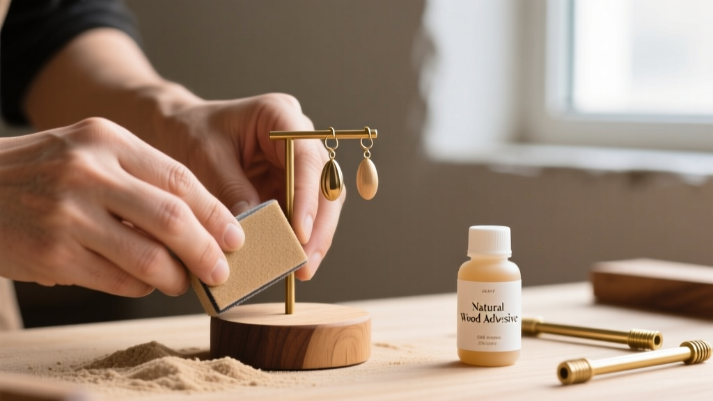 Hands using a 220-grit sanding block on a wooden earring holder base, with a bottle of wood glue and brass tension rods nearby