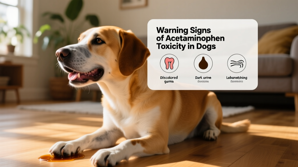Infographic showing warning signs of acetaminophen toxicity in dogs, including discolored gums, dark urine, and labored breathing