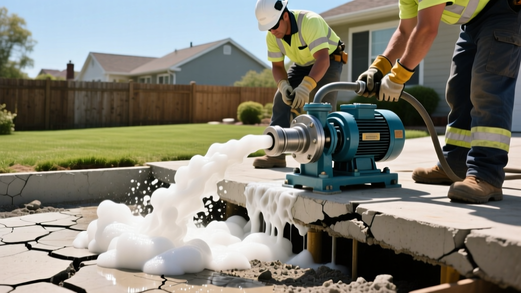 Workers operating hydraulic pumps to inject polyurethane foam beneath a cracked concrete slab foundation in a bright residential yard.
