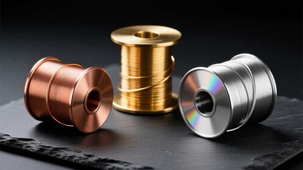Copper, gold-filled, and argentium silver wire spools on a dark slate surface under soft studio lighting