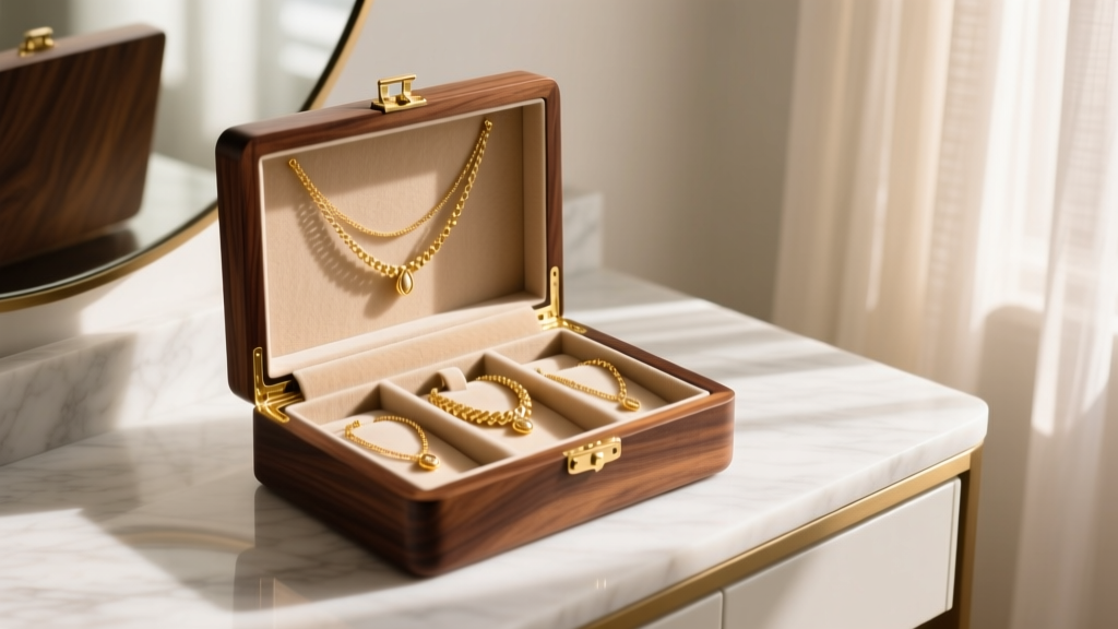 Walnut wooden jewelry box for women on marble vanity, open to show velvet compartments and gold necklaces in soft natural morning light