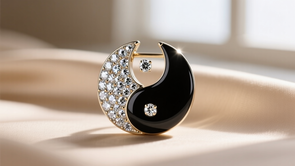 Macro shot of a yin yang earring half featuring pave diamonds and the other half matte black onyx, shown against soft beige silk.