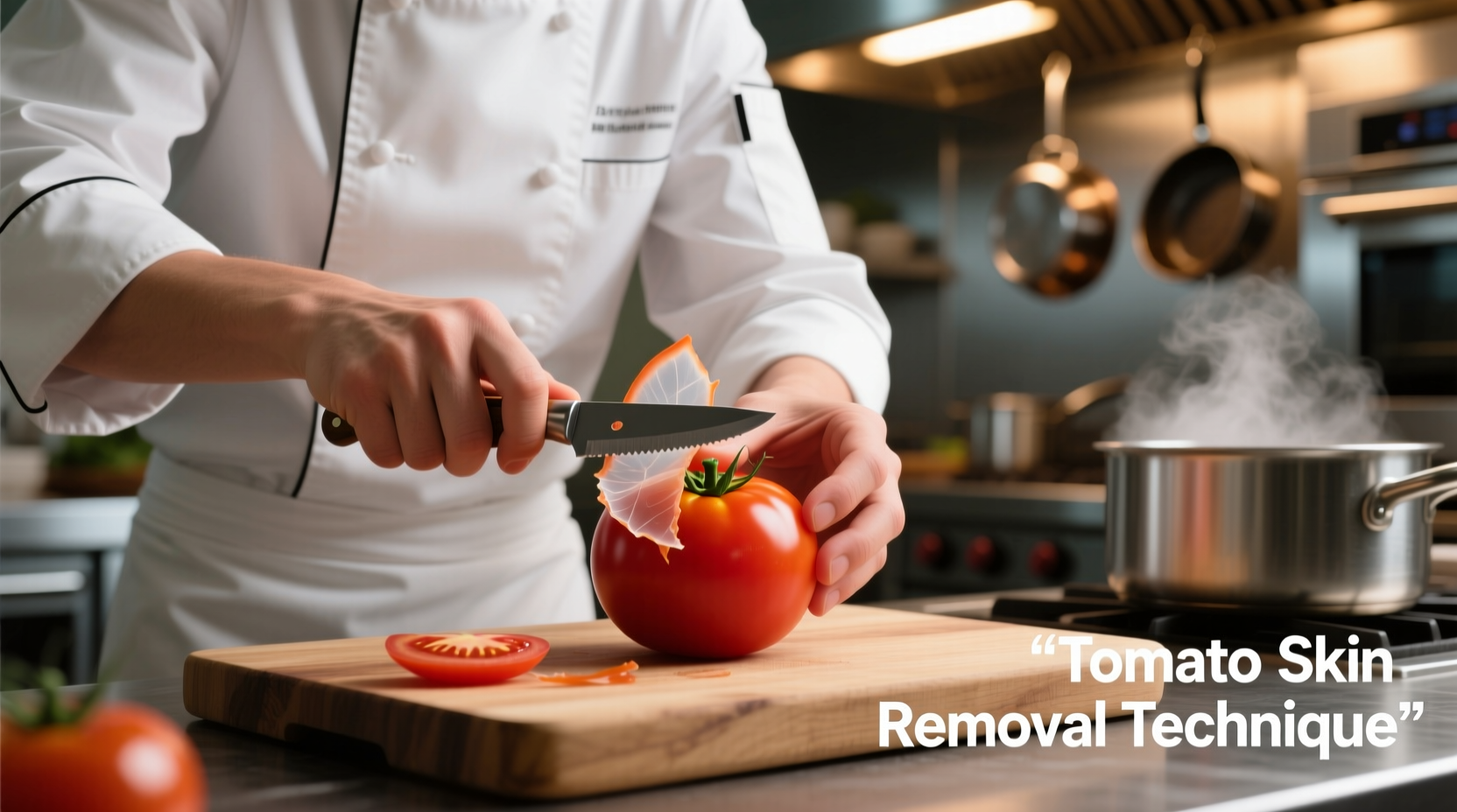 Chef demonstrating tomato skin removal technique