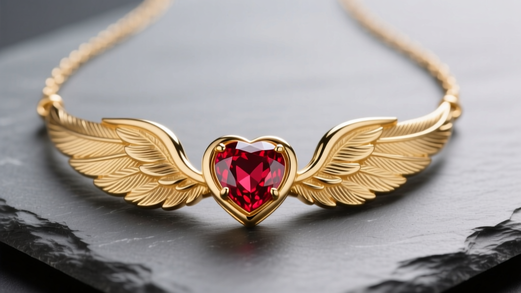 14k gold heart and wings necklace on slate, showing intricate feather details and a central ruby under soft studio lighting.