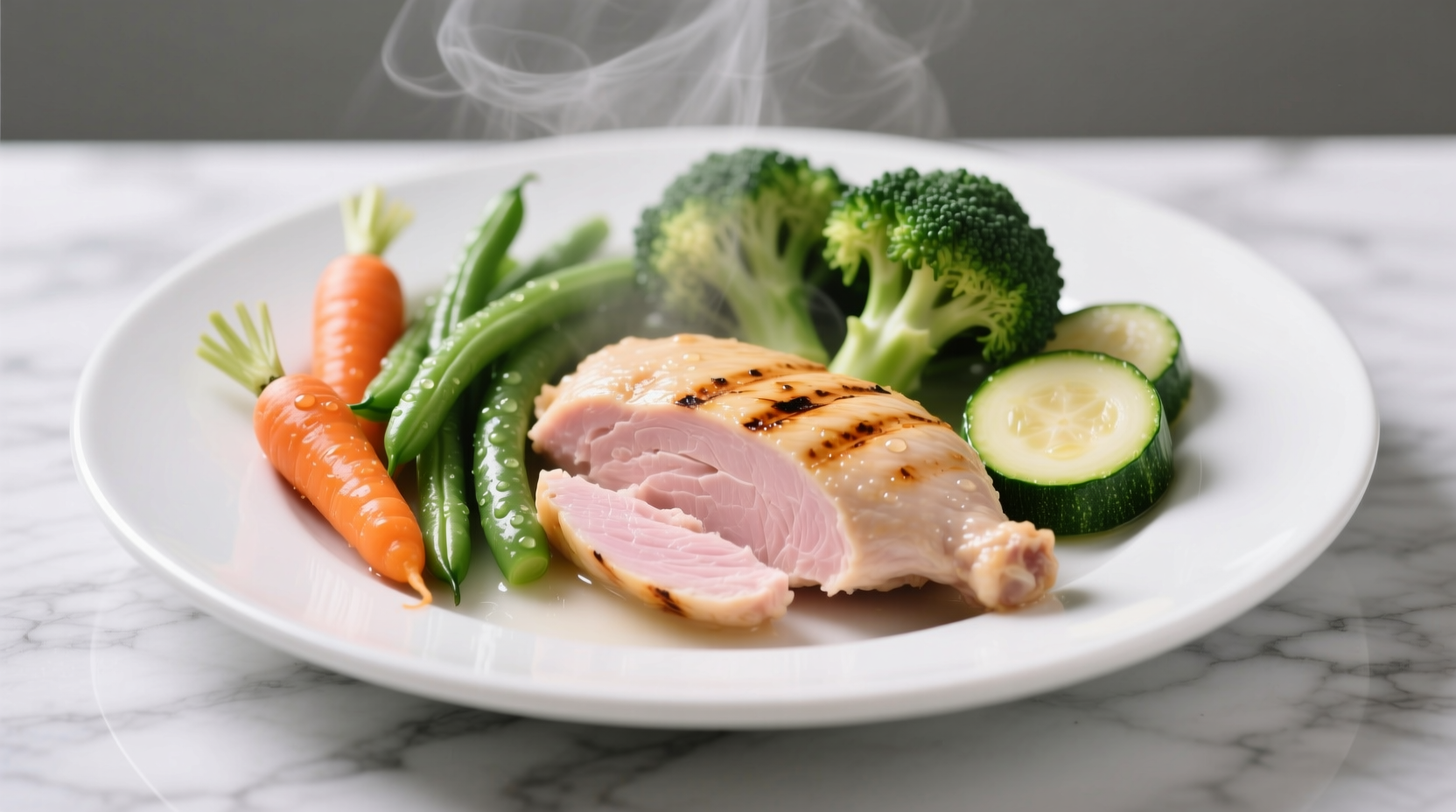 Steamed vegetables and boiled chicken on white plate