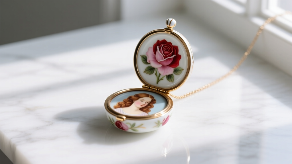 Limoges style china necklace locket with painted rose motifs, opened to reveal a portrait, photographed on a white marble surface