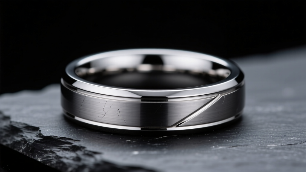 Close-up of a polished Grade 5 titanium wedding band resting on dark slate, illuminated by soft directional studio lighting.