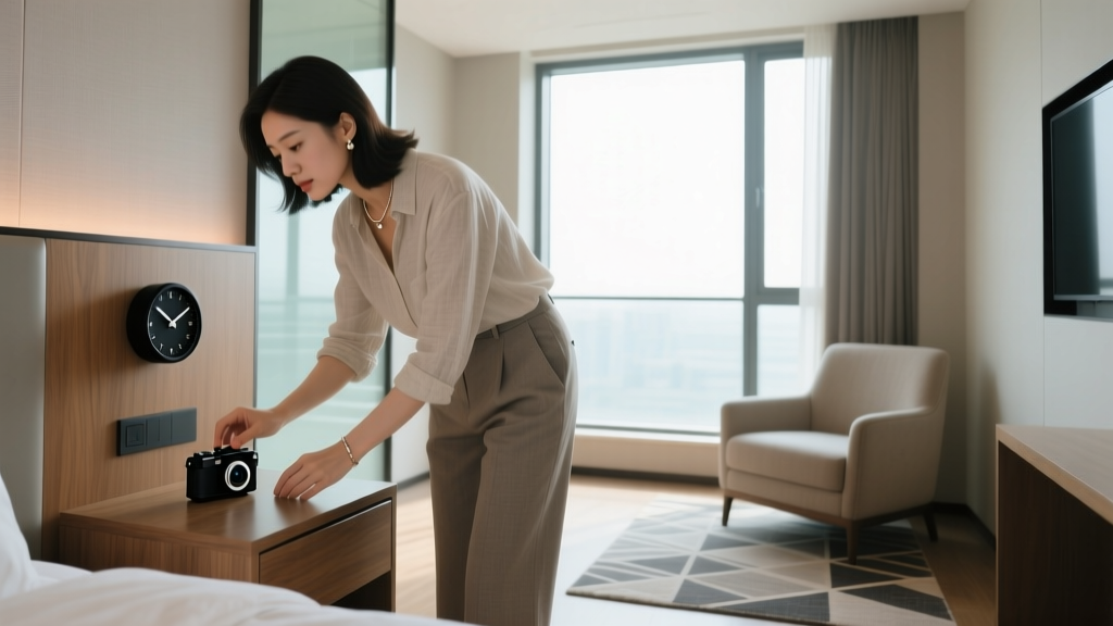 Solo female traveler in a hotel room discreetly placing a hidden clock camera on a nightstand to monitor room security.