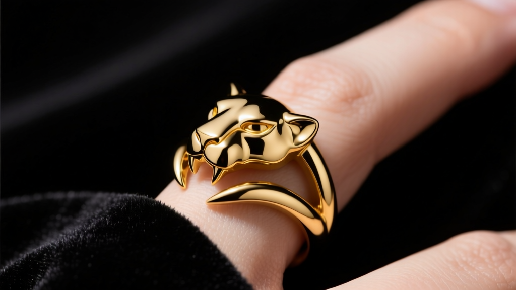 Polished 14k yellow gold panther claw ring wrapping around an index finger, resting on black velvet under dramatic studio lighting
