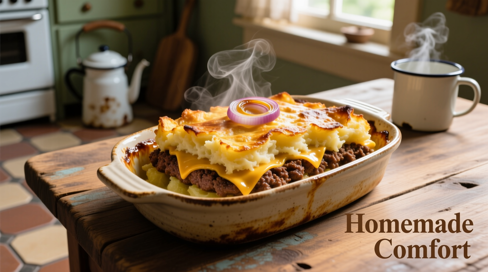Golden baked potato hamburger casserole in dish