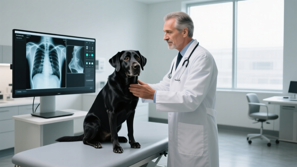 Veterinarian reviewing digital radiographs of a Labrador Retriever's hip joints to diagnose canine osteoarthritis and bone spurs