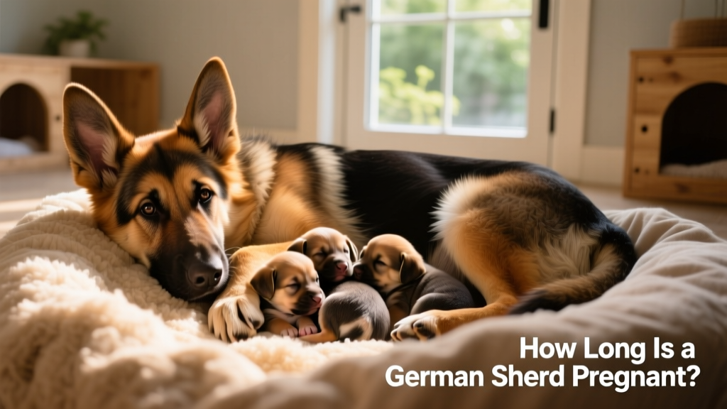 Newborn German Shepherd puppies snuggled together with their attentive mother in a warm, quiet whelping area