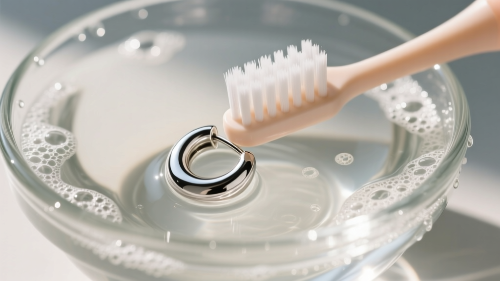 Soft baby toothbrush gently scrubbing a rhodium-plated earring in a glass bowl of mild soapy water, captured from a top-down angle.