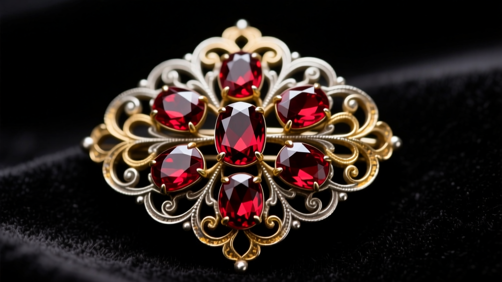 Macro shot of an antique Austro-Hungarian silver and gold-wash filigree brooch with deep red Bohemian garnets on dark velvet.