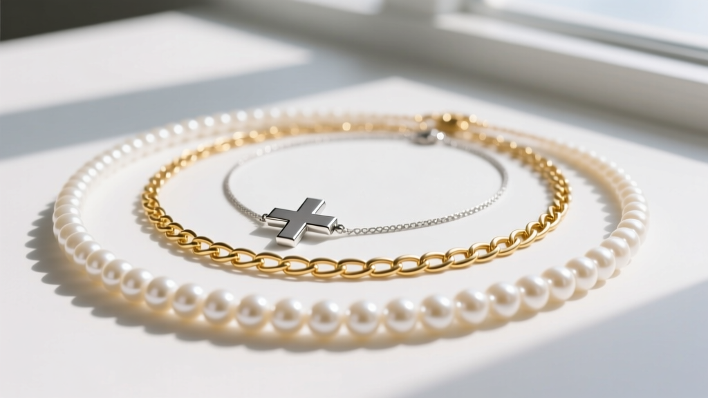 Flat lay of a layered stack with a 14-inch pearl choker, 18-inch recycled silver plus sign necklace, and 22-inch gold lariat.