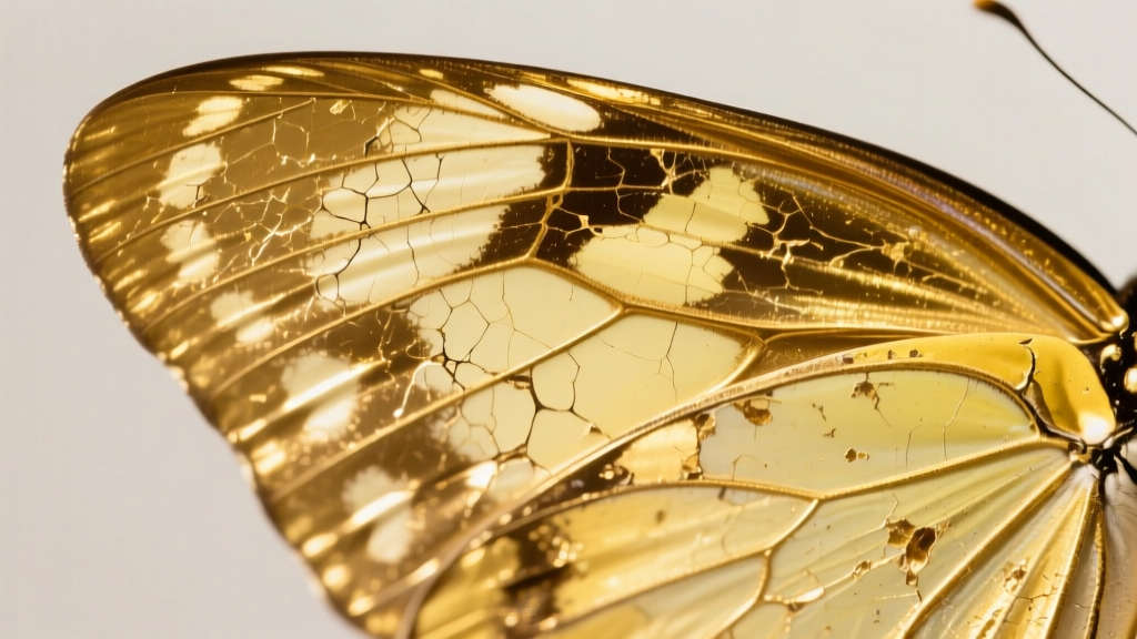 Close-up of a butterfly wing showing micro-abrasions on gold plating, revealing the pale yellow brass base metal beneath.