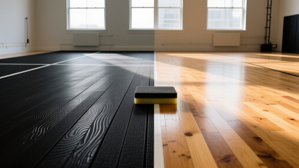 Side-by-side comparison of thick vulcanized rubber gym flooring next to standard hardwood to demonstrate impact absorption differences
